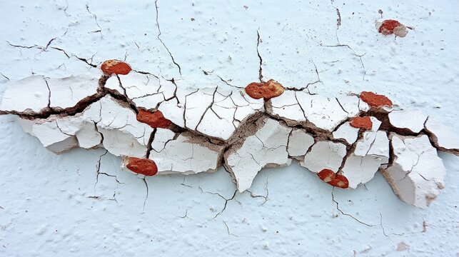Cracked white wall with emerging orange growths and fine structural details