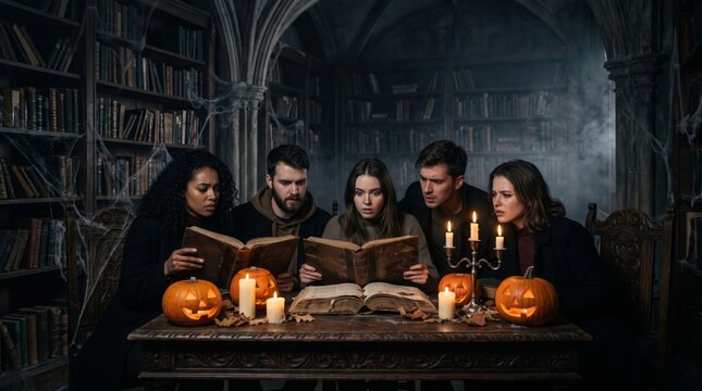 Young adults read mysterious books by candlelight in a dark gothic library decorated for a Halloween gathering