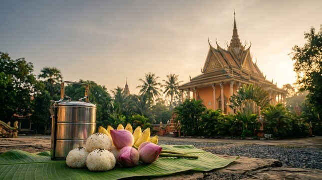 Traditional Buddhist Offering with Temple and Tiffin Carrier at Golden Hour