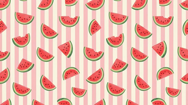 Repeatable wallpaper design featuring sweet red melon wedges over a pastel pink and ivory candy stripe backdrop  watermelon pattern seamless fruit slice pink white stripedgraphic