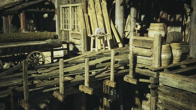 Sunlit wharf interior with wooden barrels, golden hour light casting long shadows, mossy beams and stacked containers, quiet port atmosphere with highlighted