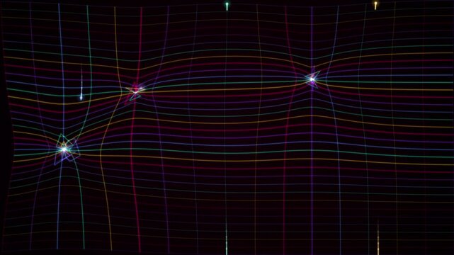 Colorful glowing light trails flow across a dark background with a subtle grid pattern in a continuous looping motion suitable for technology overlays