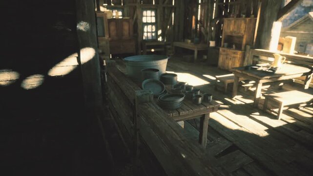 Dusty workshop interior with scattered machinery, long beams of light, heavy shadows and open windows revealing abandoned settlement exterior