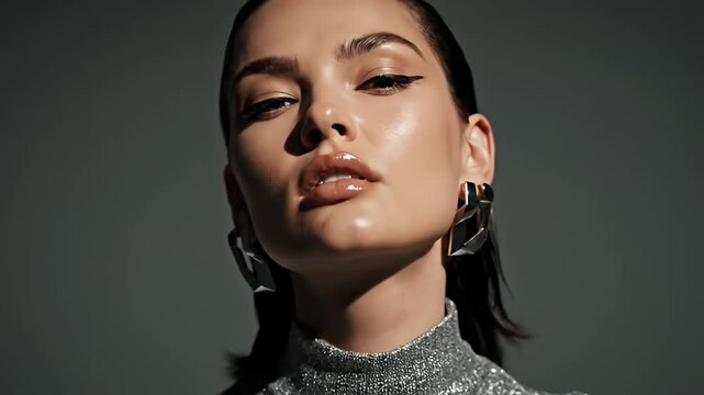 Woman wearing silver sequin top in dramatic lighting.