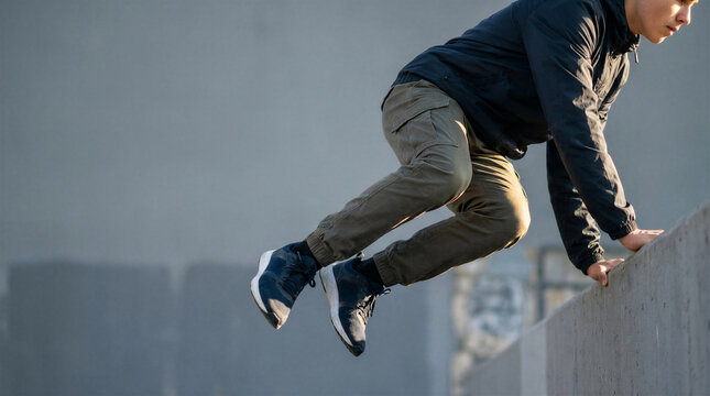 Teen boy performing parkour wall run in an urban environment  