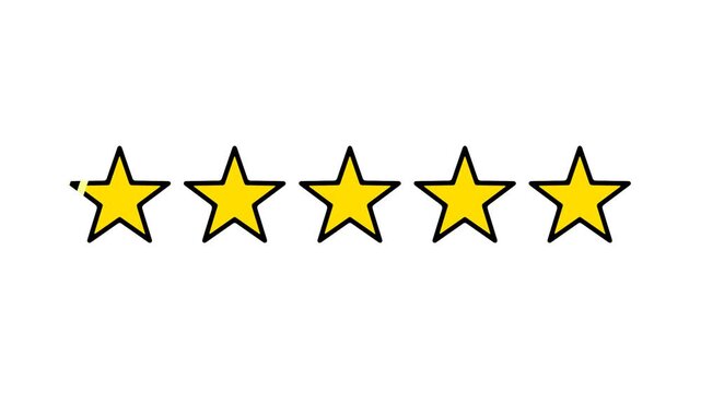 High quality animation of stylized five stars ranking. Starts with one star appearing, then four remaining stars slide out to the right. Perfect customer evaluation element with transparent alpha chan