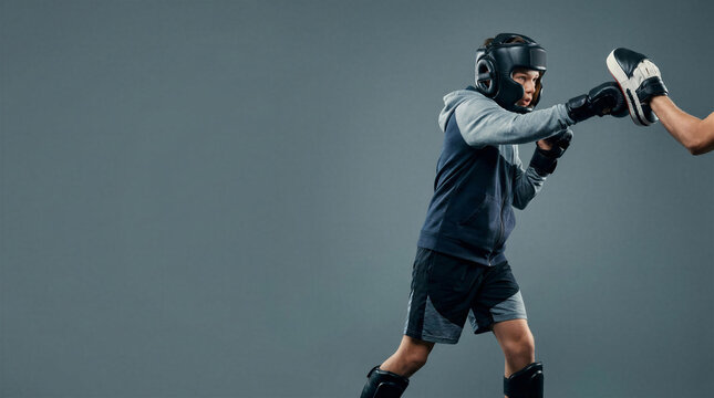 Teen practicing martial arts and sparring in a boxing gym  