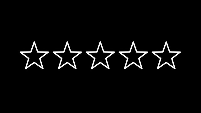 High quality animation of stylized five stars ranking. Starts with one star appearing, then four remaining stars slide out to the right. Perfect customer evaluation element with transparent alpha chan