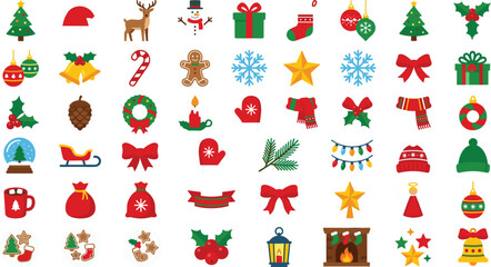 Fototapeta premium Christmas holiday icon collection featuring festive trees, ornaments, gifts, snowflakes, stockings, Santa hats, wreaths, candy canes, and seasonal decorations