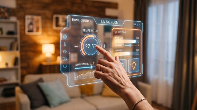 Hand interacting with a glowing smart home UI hologram to control room temperature and lighting