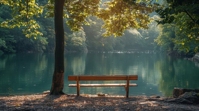 Wooden bench under a tree surrounded by nature