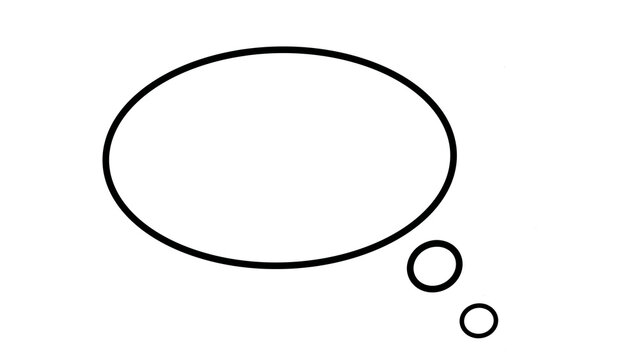 Black outline thought bubble icon with small dots on transparent background
