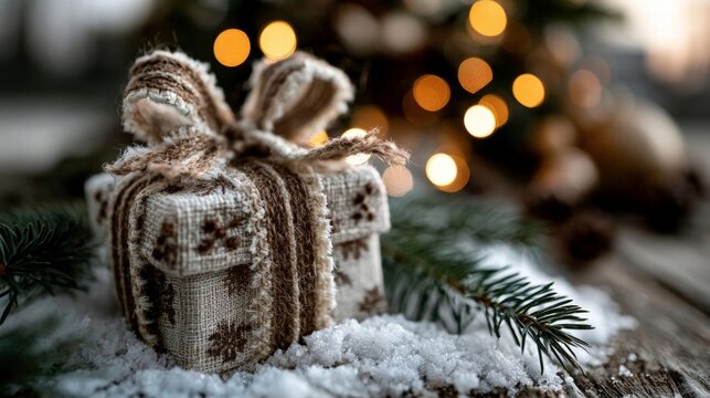 A beautifully wrapped gift box nestled in snow under a spruce branch with warm bokeh lights in the background.