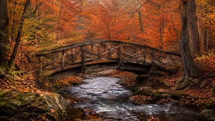 Obraz premium Rustic wooden bridge crossing peaceful forest stream surrounded by vibrant autumn foliage in scenic woodland landscape