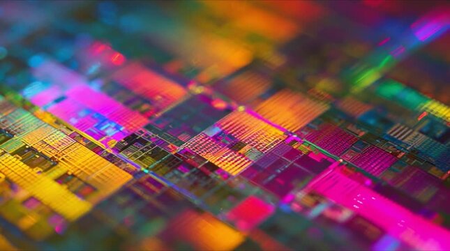 Perspective macro view of silicon wafer microchip grid with vivid magenta cyan and golden laser light reflections during precision semiconductor manufacturing process (AI Generated)