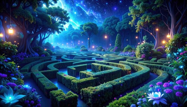 Luminous garden hedge maze under a cosmic night sky.