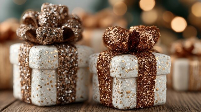 Two elegant gift boxes adorned with glittery gold bows, set against a festive bokeh background.