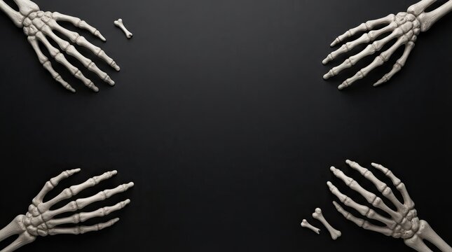 Four human skeleton hands reaching from corners on a black background