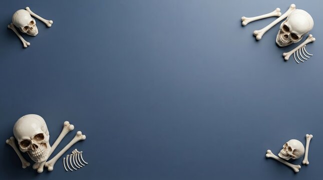 Human skulls and bones arranged as a frame on a dark grey background