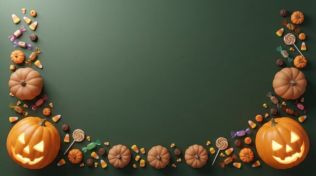 Halloween pumpkins and candy border frame on a dark grey background