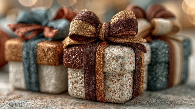 Elegant gift boxes adorned with glittery bows, set against a softly lit festive background with bokeh lights.