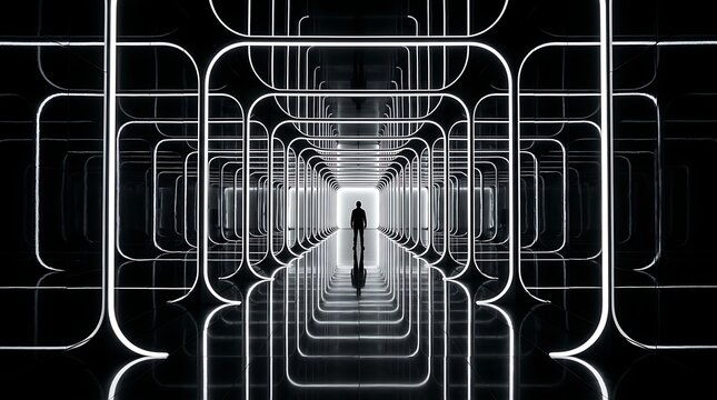 Mysterious human silhouette standing at the end of a glowing symmetrical futuristic light tunnel with reflective flooring background.