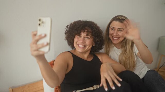 Woman sitting on bed holding smartphone taking a selfie with hand waving gesture in a residential building; friendship joy.