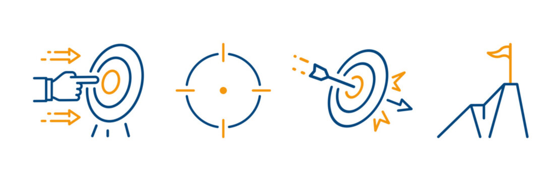target, icon set of goal orientation, archery, flag on the top, sight,  outline editable icons