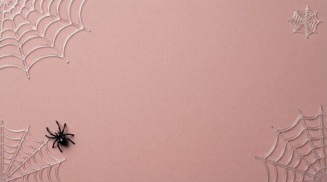 Black spider and white spider webs on a soft pink background