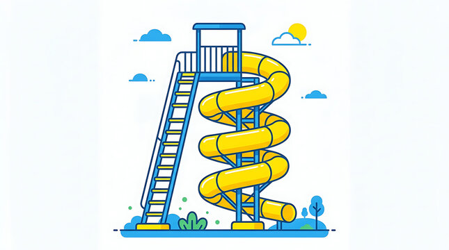 Vibrant yellow spiral water slide with ladder and blue structure, set against a bright sky with clouds and sun, showcasing outdoor summer fun.