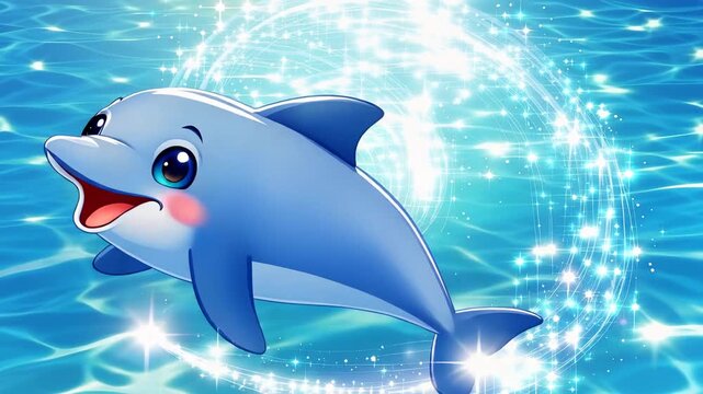 Cute smiling dolphin swimming in bright blue ocean water with sparkling light and playful sea scene