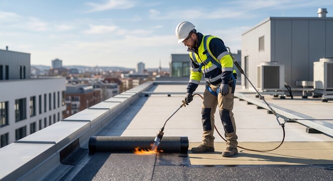Professional roofer using a gas torch to install waterproof roofing membrane on a flat rooftop while wearing safety equipment, showcasing commercial roofing, construction, and building maintenance.