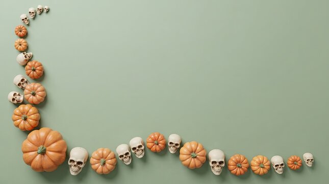 Small orange pumpkins and human skulls arranged in a curved line border