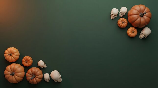 Orange pumpkins and human skulls on a dark green background for halloween