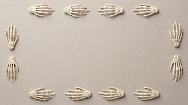 Frame made of spooky human skeleton hands on a plain beige background
