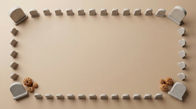 Halloween frame with small tombstones and pumpkins on beige background