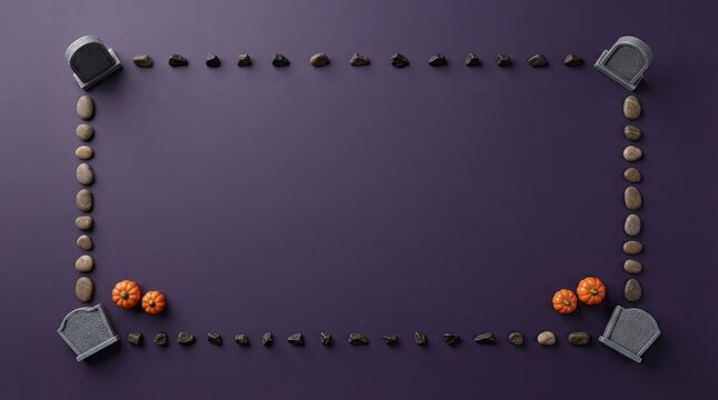 Halloween grave frame with small pumpkins on a dark purple background