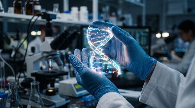 Medical research and genetic engineering concept showing an interactive holographic representation of human DNA in a modern laboratory.
