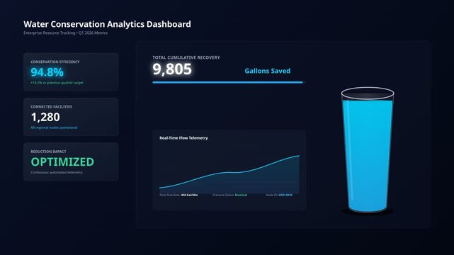 Water conservation analytics dashboard for real-time flow telemetry cumulative savings in glass, for efficiency, sustainability, data monitoring, resource management, green tech
