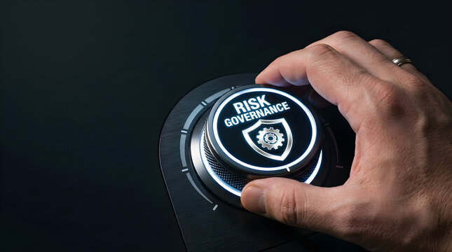 Hand turning a dial labeled with risk governance with rotates metallic