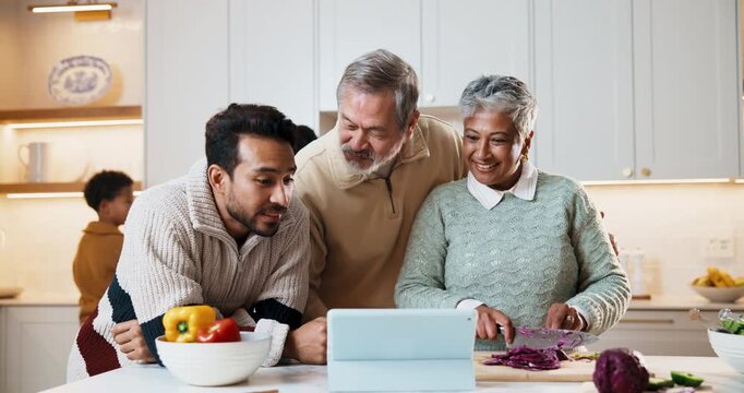 Senior, parents and cooking with adult son in kitchen for bonding, funny joke or meal prep. Elderly, mom and dad laughing with man, tablet or vegetables for comedy, healthy cuisine or home recipe