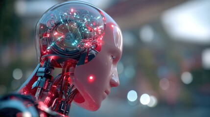 Naklejka premium AI Robot with Illuminated Brain: A close-up profile of a sophisticated robot with its translucent head revealing a glowing, intricate network of circuits and lights.