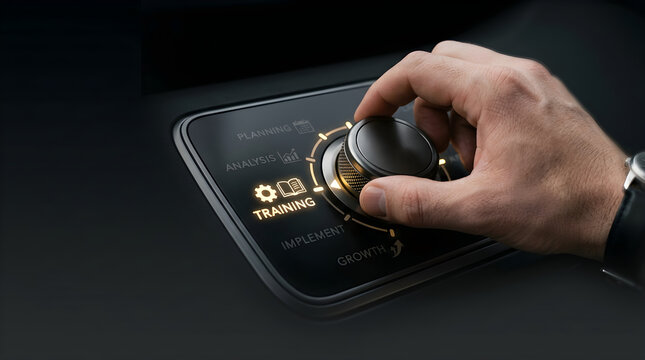 Hand turning a dial to select training on a control panel