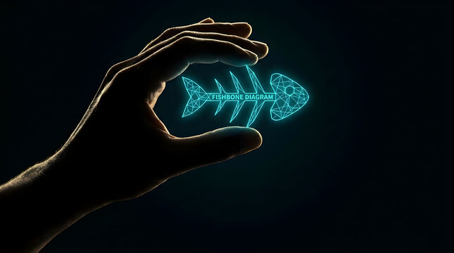 Human hand holding a glowing digital fishbone diagram on black
