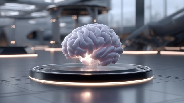 Illuminated Brain on Display: A stylized, luminous brain rests on a futuristic pedestal, bathed in an ethereal glow, representing intelligence and innovation within a modern setting.