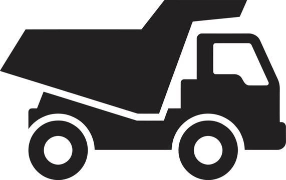 Simple black silhouette icon of a heavy duty construction dump truck isolated on a white background