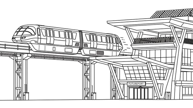 Monorail train station illustration white background.