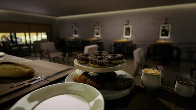 Chocolate donuts arranged for intimate sharing, soft candlelight mood, paired cups of cappuccino, two place settings, cozy bistro corner, romantic evening