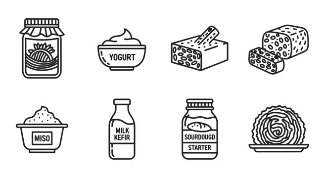 Collection of eight isometric line art icons representing various fermented foods and starters.
