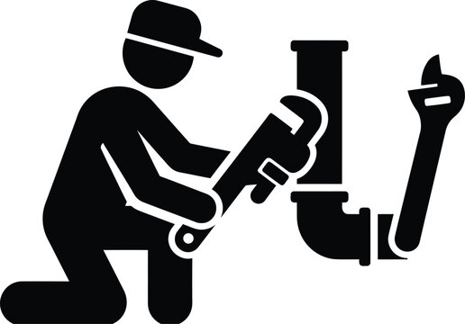 Black and white icon of a professional plumber kneeling while repairing a pipe with a wrench